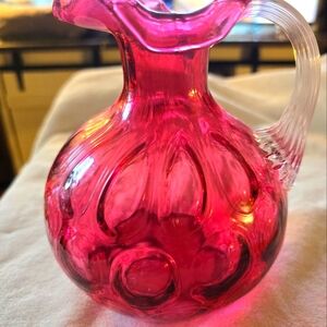 Vintage Fenton Cranberry Glass coin dot ruffle top pitcher 7"